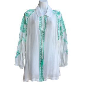 ROJAS Boho Tunic Top Women's XL White with Green Embroidery V-Neck Blouse